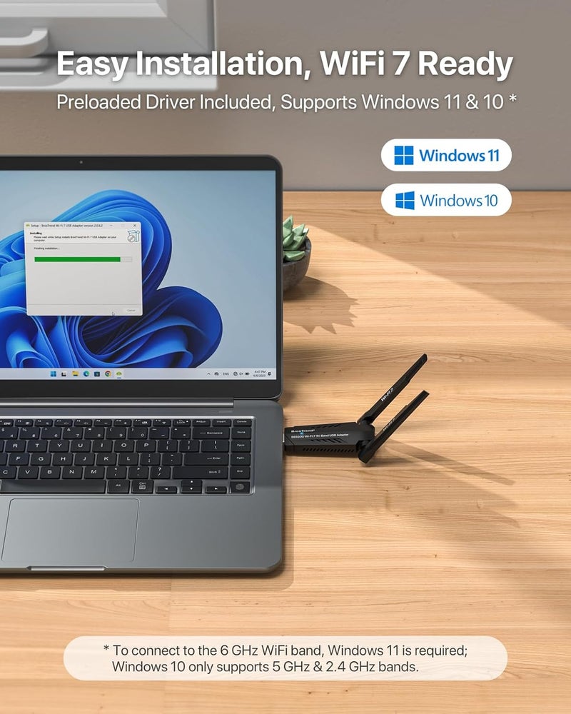 BrosTrend BE6500 USB WiFi 7 Adapter, Tri-Band Long Range USB WiFi Adapter for Desktop PC Laptop, Wireless Dongle 6GHz + 5GHz + 2.4G, Ultra-Low Latency Wi-Fi Antenna PC Gaming for Windows 11/10, 4K-QAM - Image 5